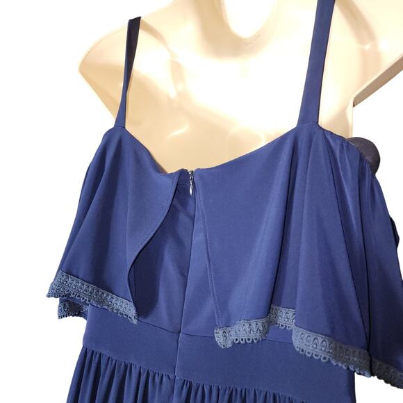 Eliza J Sz 12 Navy Blue Off Shoulder Tiered Hem Ruffle Neckline Dress Maxi - Picture 6 of 8